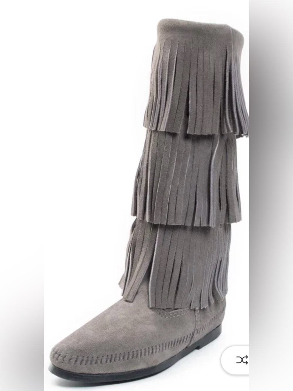 Minnetonka 3-layer fringe boots, grey suede moccasin-style stitched toe ,size 11